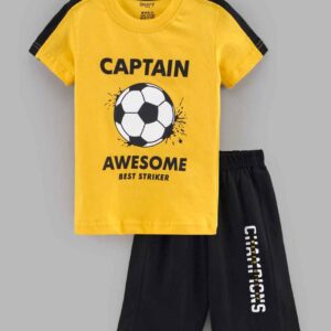 Half Sleeves T-Shirt & Capri Set Soccerball & Text Print