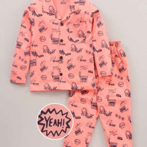 Cotton Sinker Full Sleeves Night Suit Text Print