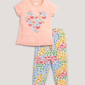 Half Sleeve Flower Printed Tee with Printed Bottom